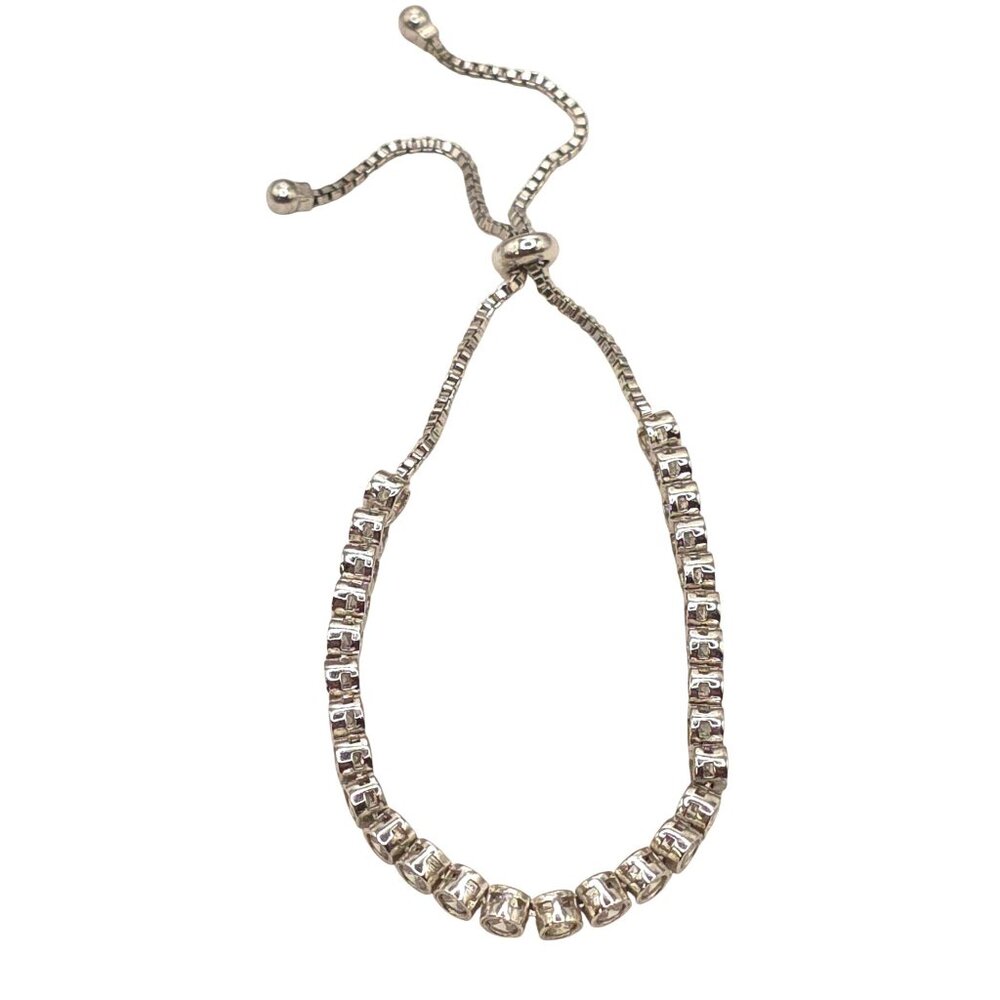 Adjustable Silver-Tone Bracelet With Clear Rhinestones & Box Chain Design - Picture 2 of 8